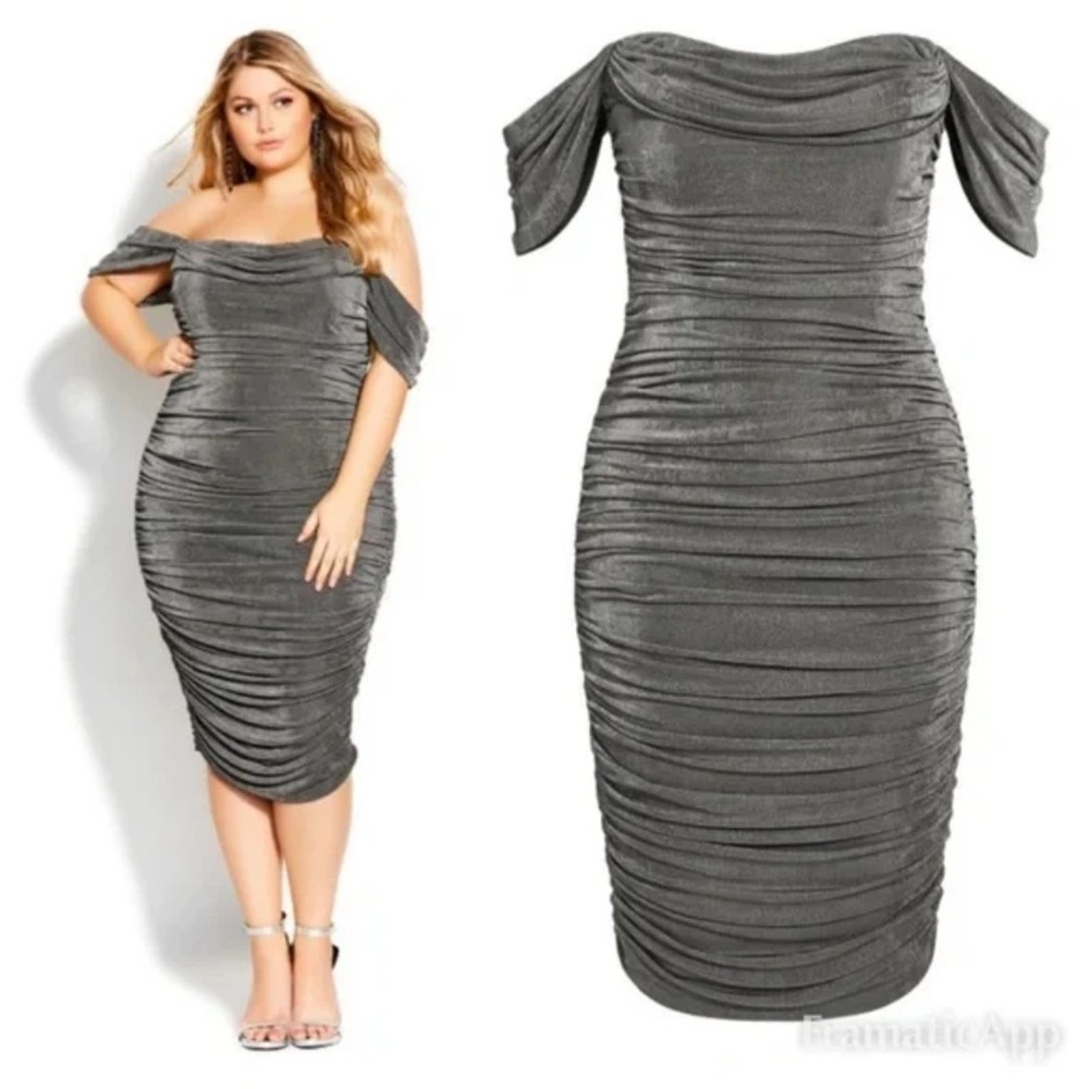 City Chic Ruched Off the Shoulder Dress in Gray Gunmetal Luminosity Dress 22